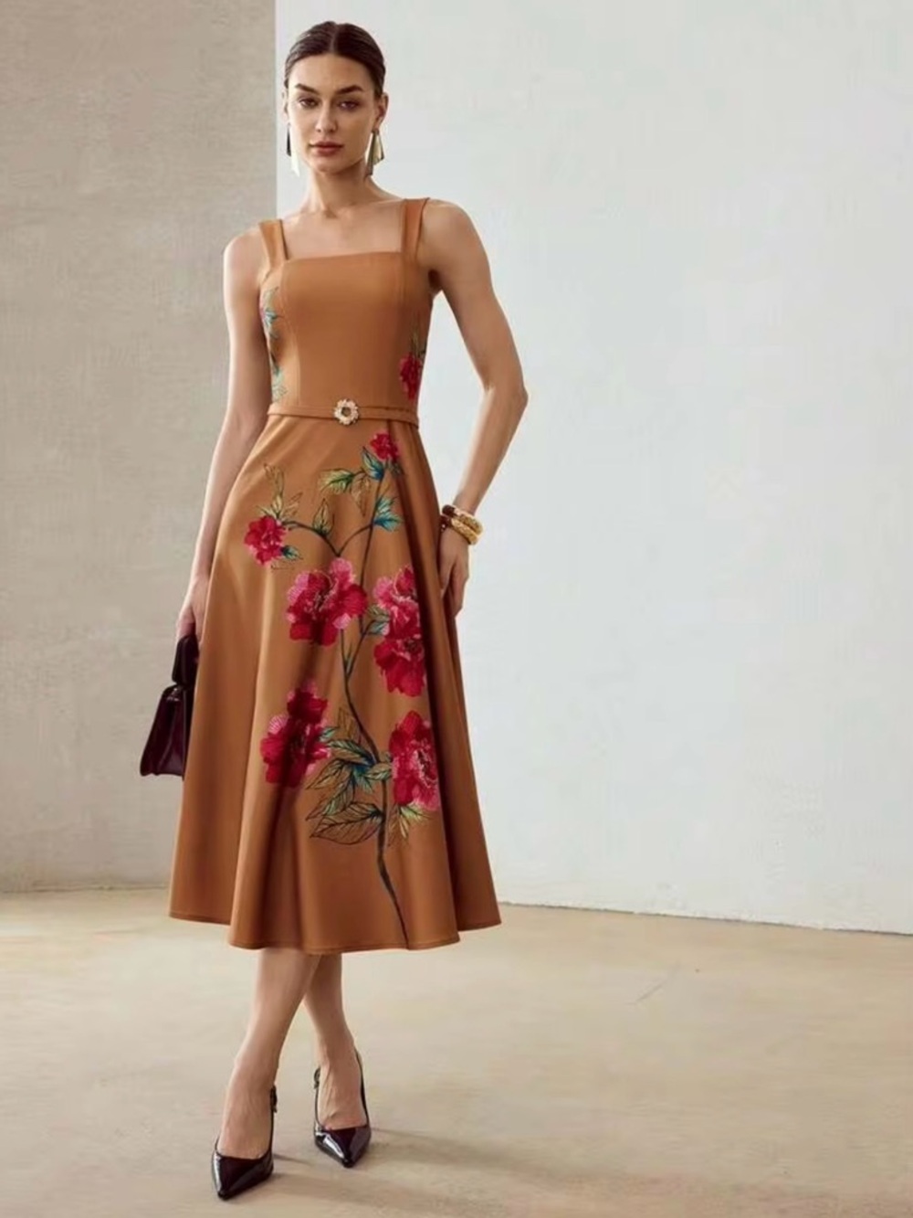 Sleeveless Floral A-Line Midi Dress in Caramel with Printed Red Blooms
